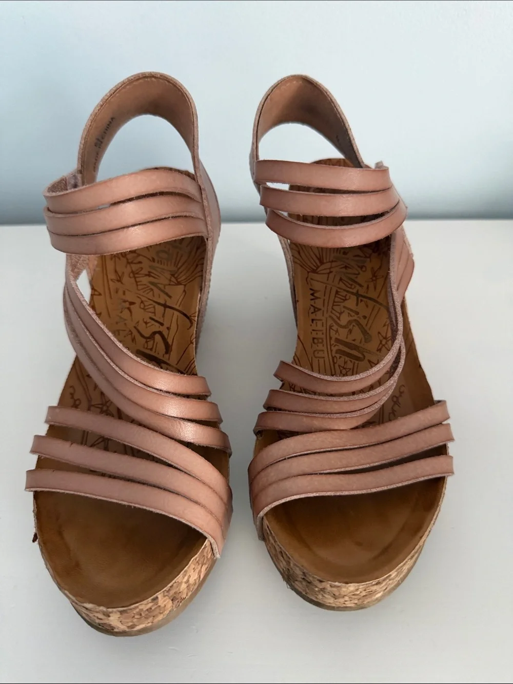 Cork Wedge Strappy Sandals in Rose Tan